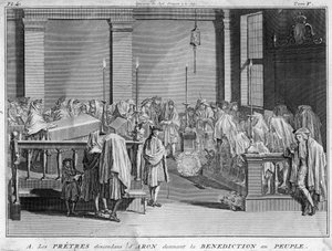 Izrael főpapja, aki az apai származásukat Áronra visszavezethető zsidó papi családokhoz tartozik, áldást ad a zsidó népnek. Metszet: B. „Illustration de ceremonies et customs religieuses de tous les peuples du monde” alkotó: Bernard Picart
