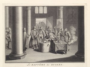 Csecsemőkeresztség Oroszországban, 1732 alkotó: Bernard Picart