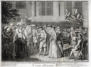 Zsidó esküvő a német zsidó közösségben Metszet a „” Illustration de ceremonies et customs religines de les peuple du monde” című könyvéből, Bernard Picart (1723-1743) 1819 Magángyűjtemény alkotó: Bernard Picart