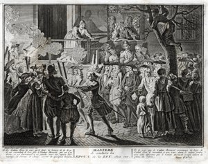 A judaizmus: a törvény házastársának hazavezetésének módja - annak a körmenetnek a reprezentációja, amellyel a közösség Simhat Tóra ünnepén tisztelte azokat, akiket kiválasztottak, akik megáldják a Tóra utolsó szakaszának felolvasását és a másik t alkotó: Bernard Picart