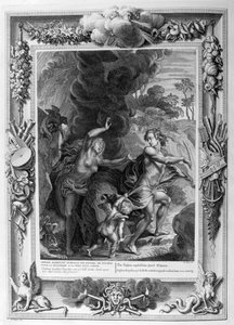 Orpheus, aki kivezeti Euridikét a pokolból, visszanéz rá, és örökre elveszíti, 1733 alkotó: Bernard Picart