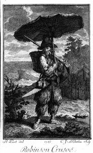 Robinson Crusoe ábrázolása a sivatagi szigetén. Bernard Picart (1673-1733) metszete Daniel Defoe vagy De Foe (1660-1731) regényét illusztrálva