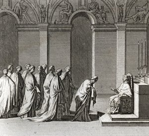 A pápa ünnepélyes felavatása: „A pápa imádása a Sixtus-kápolnában” (Pápai beiktatás: A pápa imádata a Sixtusi kápolnában) Metszet a „” A világ összes népének szertartásai és vallási szokásai” illusztrációból” alkotó: Bernard Picart