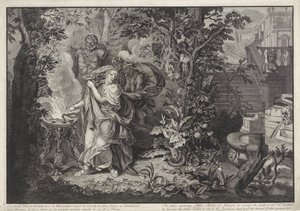 A bosszúistennők arra biztatják Althaeát, hogy égesse el Meleager tuskóját A Meleager története (sorozat címe) alkotó: Bernard Picart