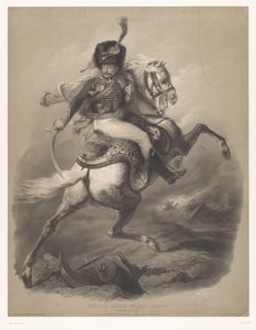 Támadó tiszt lóháton Le chasseur de la garde (cím a tárgyon) Új litográfiák kétféle krétával (sorozat címe) Nouveaux groupes aux deux zsírkréták (sorozat címe az objektumon)