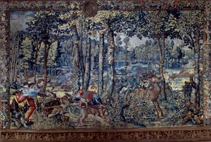 Maximilian vadászatainak felakasztása „Guise gyönyörű vadászataiként”: Augusztus, a Szűz, A szarvasvadászat, a keltetők – Bernard van Orley gobelinje (Barend, Barent, Bernaert van Brussel)