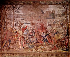 Maximilien „Guise gyönyörű vadászatai” elnevezésű vadászatai: január hónap, Vízöntő, vaddisznóvadászat, flambee, kúra - Bernard van Orley flamand műhelyeiben készített gobelin (Barend, Barent, Bernaert van Brussel