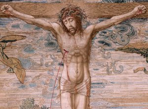 Flamand kárpit. V. Károly Dais-sorozata (Ausztriai Margit baldachinja). Az Irgalmasság Krisztusa (Cristo de la Misericordia). Gobelin panel az emelvény mögött. Bernard van Orley modell (1491-1542). Gyártás Pieter de Pannemaker, Brüsszel. 1518-1524. Szövet  alkotó: Bernard van Orley