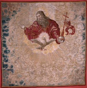 Flamand kárpit. V. Károly Dais-sorozata (Ausztriai Margit baldachinja). Az Atyaisten és a Szentlélek (El Padre Eterno y el Espíritu Santo). Baldachin az emelvényről. Bernard van Orley modell (1491-1542). Gyártás Pieter de Pannemaker, alkotó: Bernard van Orley