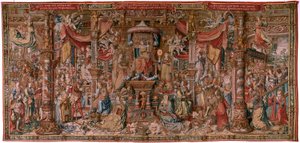 Flamand kárpit. A kitüntetések sorozat. Hit (La Fe). A sorozat első gobelinje. Modell karikaturisták Bernard van Orley és Jan Gossaert (Mabuse) köréből. Gyártás Pieter van Aelst, Brüsszel. Kb. 1550. Szövet Arany, ezüst, selyem és gyapjú. alkotó: Bernard van Orley
