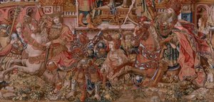 Flamand kárpit. A kitüntetések sorozat. Hírnév (La Fama). Harmadik kárpit a sorozatban. Modell karikaturisták Bernard van Orley és Jan Gossaert (Mabuse) köréből. Gyártás Pieter van Aelst, Brüsszel. Kb. 1550. Szövet Arany, ezüst, selyem és gyapjú. alkotó: Bernard van Orley