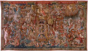Flamand kárpit. A kitüntetések sorozat. Fortune, Út a kitüntetésekhez (La Fortuna, Camino de los Honores). A sorozat ötödik kárpitja. Modell karikaturisták Bernard van Orley és Jan Gossaert de Mabuse köréből. Gyártás Pieter van Aelst, Brusse