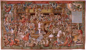 Flamand kárpit. A kitüntetések sorozat. Infamy (La Infamia). A sorozat hatodik kárpitja. Modell karikaturisták Bernard van Orley és Jan Gossaert (Mabuse) köréből. Gyártás Pieter van Aelst, Brüsszel. Kb. 1550. Szövet Arany, ezüst, selyem és gyapjú.