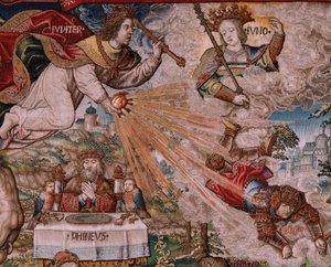 Flamand kárpit. A kitüntetések sorozat. Igazságszolgáltatás (La Justicia, Los Honores). Kilencedik kárpit a sorozatban. Modell karikaturisták Bernard van Orley és Jan Gossaert (Mabuse) köréből. Gyártás Pieter van Aelst, Brüsszel. 1550 körül. Szövet Arany,  alkotó: Bernard van Orley