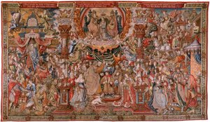 Flamand kárpit. Sorozat The Honours; Nemesség (La Nobleza). A sorozat negyedik kárpitja. Modell karikaturisták Bernard van Orley és Jan Gossaert (Mabuse) köréből. Gyártás Pieter van Aelst, Brüsszel. 1550 körül. Szövet Arany, ezüst, selyem és gyapjú