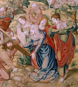 Flamand kárpit. Krisztus szenvedése sorozat. Elesik a Kálvária felé vezető úton (Caída en el camino del Calvario). A sorozat második kárpitja. Modellek Bernard van Orley karikaturista. Gyártás Pieter de Pannemaker, Brüsszel. Körülbelül 1518-1523. Szövet ar alkotó: Bernard van Orley