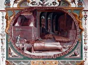 Fegyveröntöde műhelyének ábrázolása. Bernardino Barbatelli dit Poccetti freskója (1548-1612) Firenze, Uffizi Képtár (Uffizi)