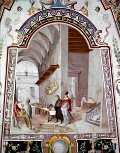 Egy építész műhelyének kilátása. Bernardino Barbatelli dit il Poccetti freskója (1548-1612) 17. századi Uffizi Képtár (Irodák) Firenze