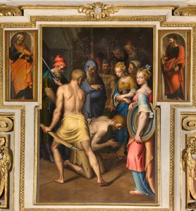 Népi Szűzanya kápolna, északi oldal második szakasza, Bernardino Campi, Keresztelő dekoltációja 1569, Oldalán Szent Péter és Szent Pál 1520-30
