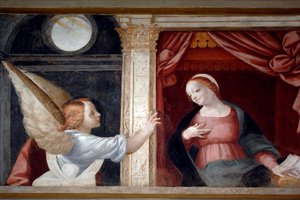 Angyali üdvözlet, részlet a Szűz ciklusából (1553), Bernardino Lanino (1512-1583) freskója, alsó sekrestye Novara katedrálisában, Piemont, Olaszország