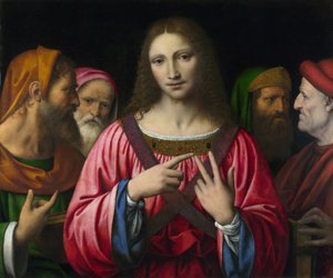 ""Krisztus és a törvény doktorai"" Bernardino Luini (1481-1532) festménye, kb. 1515-1530 Méret: 72,4x85,7 cm London, National Gallery - Luini, Bernardino (kb. 1480-1532) Krisztus az orvosok között Olaj, fa c. 1520 National Gallery, London 72,4x85,7 alkotó: Bernardino Luini