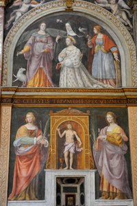 Szent Apollónia és Szent Lúcia a tetején, Ippolita Sforza szentekkel és apácákkal körülvéve, Bernardino Luini freskója a Szent Maurice templomban a Maggiore kolostorban, Milánó, Lombardia, Olaszország alkotó: Bernardino Luini
