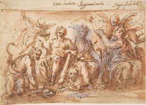 Allegorikus figurák: Erő, Herkules, aki megfojtja a hidrát, rengeteg és hírnév, 1600-1650. alkotó: Bernardino Rodriguez
