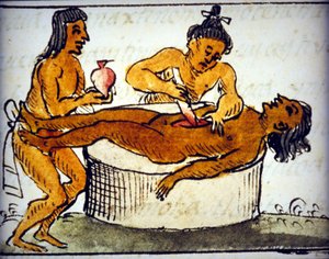 Emberáldozat: rituális áldozat az aztékok körében. Bernardino de Sahagun kéziratából alkotó: Bernardino de Sahagun