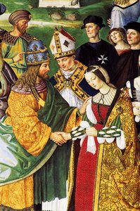 Aeneas Sylvius, sienai püspök bemutatja III. Frigyes császárt leendő feleségével, Aragóniai Eleonóval alkotó: Bernardino di Betto Pinturicchio