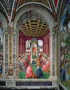 Aeneas Sylvius Piccolomini (1405-64) aláveti magát IV. Jenő pápának (1383-1447) február 7-én alkotó: Bernardino di Betto Pinturicchio