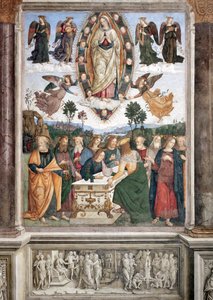 Szűz mennybemenetele – A Szűzet mandorlában ábrázolja – Pinturicchio (Bernardino di Betto) freskója (1454-1513) 1484-1492 Róma, Santa Maria del Popolo-bazilika (Santa Maria del Popolo-templom), Basso della Rovere kápolna Olaszország