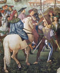 Enea Silvio Piccolomini ferrarai püspök titkáraként Bázelbe indul, részlet a II. Pius történeteiből alkotó: Bernardino di Betto Pinturicchio