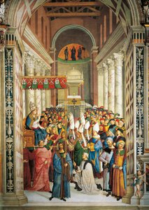 Olaszország, Siena, katedrális, Piccolomini könyvtár, II. Pius pápa megkoronázása, részlet a II. Pius történeteiből