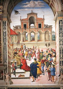 Olaszország, Siena, katedrális, Piccolomini-könyvtár, Enea Silvio Piccolominit III. Frigyes császár költő díjassá teszi, részlet a II. Pius történeteiből alkotó: Bernardino di Betto Pinturicchio