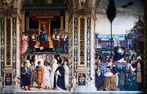 II. Pius Anconába érkezik, hogy keresztes hadjáratot indítson (16. század), Pinturicchio freskója (1452-1513), Piccolomini könyvtár, sienai katedrális, Toszkána, Olaszország alkotó: Bernardino di Betto Pinturicchio