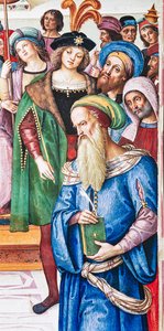 Piccolomini Könyvtár, északkeleti fal: „Aeneas Sylvius beszédet mond I. Jakab skót király előtt, 1435 telén” alkotó: Bernardino di Betto Pinturicchio