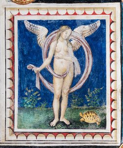 A Piccolomini könyvtár, a mennyezet, a Gondviselés allegóriájával ellátott panel, Bernardino di Betto, Pinturicchio néven ismert freskója. alkotó: Bernardino di Betto Pinturicchio