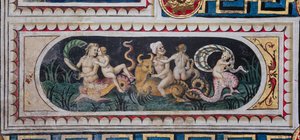 A Piccolomini Könyvtár, a mennyezet: kisebb tábla tengeri tiászuszokkal (tritonok, puttó és nereid), Bernardino di Betto, Pinturicchio néven ismert freskója. alkotó: Bernardino di Betto Pinturicchio