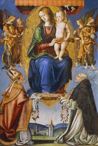 Madonna és gyermek Szent Perselinóval és Domonkossal (tempera vásznon) alkotó: Bernardino di Mariotto