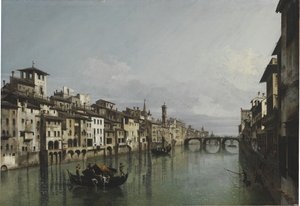 Az Arno a Ponte Vecchio és a Ponte Santa Trinità között, Firenze, 1740. alkotó: Bernardo Bellotto