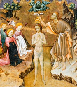 Krisztus keresztsége, részlet a Vic-katedrális oltárképének predellájából, Martorell Bernát (kb. 1400-1452), fára festve. Katalán gótikus művészet.
