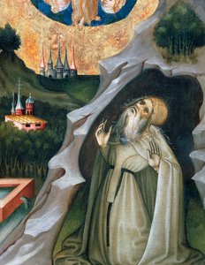 Remete extázisban, részlet Martorell Bernát (kb. 1400-1452) Szent Mária Magdolna (1437-1452) oltárképéből, fára festve. Katalán gótikus művészet.