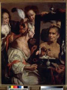 La coquette agee, vanite (Old coquette, vanitas). Peinture de Bernardo Strozzi (1581-1644). Huile sur toile   1313453   hu       hungarian Successfully Translated  Original: Royal 12 F.XIII, f.33 Dog identifying a murderer. , from Bestiary (ff. 3-141), Lap