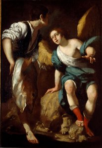 Az ifjú Tobie és a Rafael arkangyal (Tobie és az angyal) Bernardo Strozzi (1581-1644) festménye 17. századi gének, magángyűjtemény alkotó: Bernardo Strozzi
