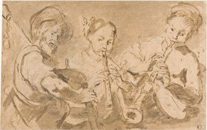Három zenész játszik kürtön és dudán alkotó: Bernardo Strozzi