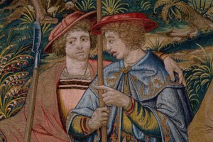 Flamand kárpit. Sorozat Róma alapítása: Faustulus találkozik Romulusszal és Remusszal. Barend van Orley karikaturista (?). brüsszeli gyártás. 1525-1530. Részlet.