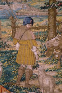 Flamand kárpit. Sorozat Róma alapítása: Faustulus találkozik Romulusszal és Remusszal. Barend van Orley karikaturista (?). brüsszeli gyártás. 1525-1530. Részlet.