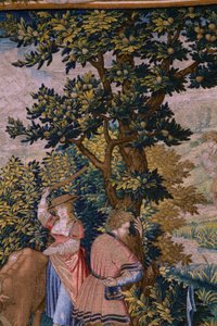 Flamand kárpit. Sorozat Róma alapítása: Faustulus találkozik Romulusszal és Remusszal. Barend van Orley karikaturista (?). brüsszeli gyártás. 1525-1530. Részlet.