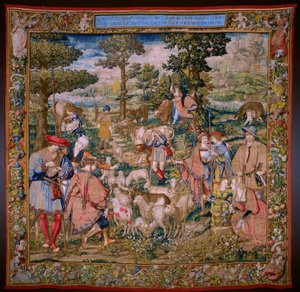 Flamand kárpit. Sorozat Róma alapítása: Faustulus találkozik Romulusszal és Remusszal. Barend van Orley karikaturista (?). brüsszeli gyártás. 1525-1530.