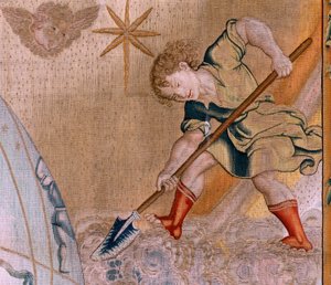 Flamand kárpit. A gömbök sorozat. Az égi szférát támogató Herkules (Hércules sostiene la esfera celeste). A sorozat első gobelinje. Barend van Orley vagy Pieter Coecke van Aelst modell. 1525-1530. Gyártás Joris Vezeleer (Georg Wezeler)?, B